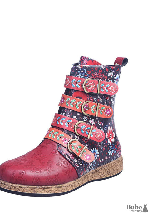 Boho Flat Mid-calf Embroidered Ankle Boots